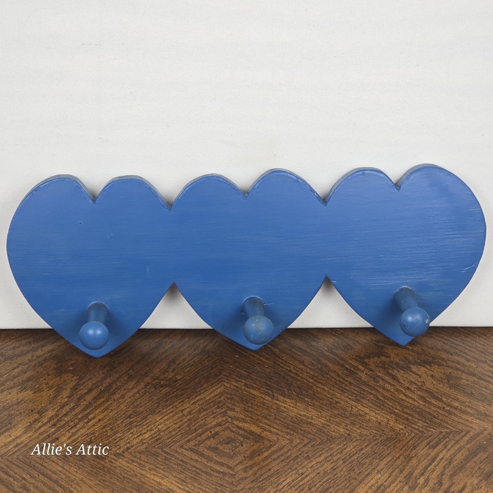 Wooden Hearts Hanging Cottagecore Blue Peg Country‎ Coat Keys Hanger Wall Decor